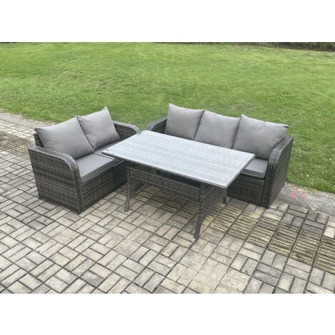 Fimous Outdoor Garden Patio Furniture Wicker Rattan Oblong Rectangular Dining Table and Lounge Sofa set Dark Grey Mixed