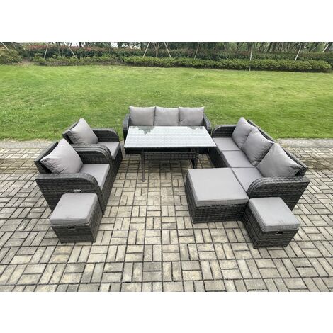 Fimous Outdoor Garden Patio Furniture Wicker Rattan Oblong Rectangular Dining Table and Lounge Sofa set with Adjustable Chair 3 Footstool Dark Grey Mixed