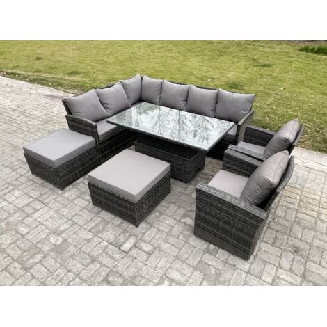 Fimous Outdoor Gartenmöbel Set aus Polyrattan mit 2 Großer Hockern 2 Sesseln Dunkelgrau gemischt