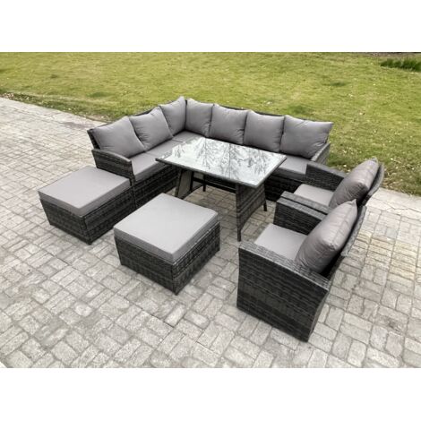 Fimous Outdoor Gartenmöbel-Set Ecksofa Set mit Länglicher Esstisch 2 Großer Hockern 2 Sesseln Dunkelgrau gemischt