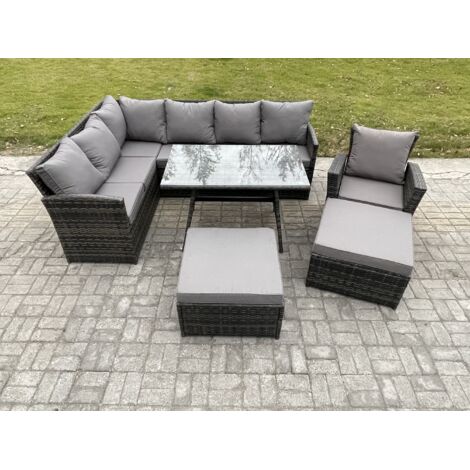 Fimous Outdoor Gartenmöbel-Set Ecksofa Set mit Länglicher Esstisch 2 Großer Hockern Sesseln Dunkelgrau gemischt