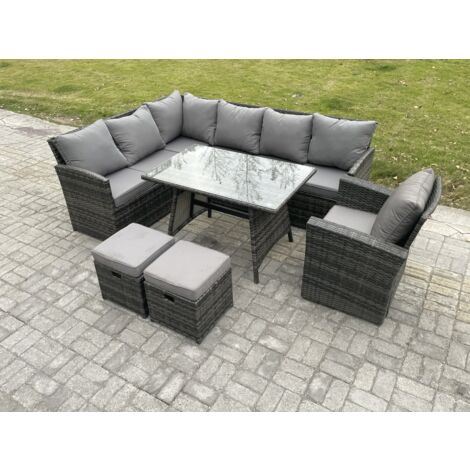 Fimous Outdoor Gartenmöbel-Set Ecksofa Set mit Länglicher Esstisch 2 kleine Fußhockern Sessel 9 Sitzer Dunkelgrau gemischt