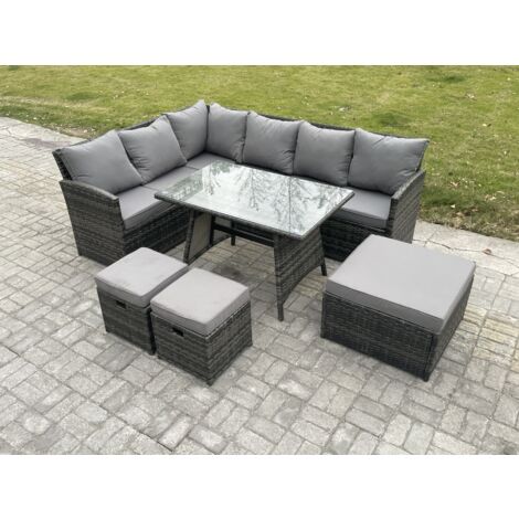 Fimous Outdoor Gartenmöbel-Set Ecksofa Set mit Länglicher Esstisch 3 Fußhockern 9 Sitzer Dunkelgrau gemischt