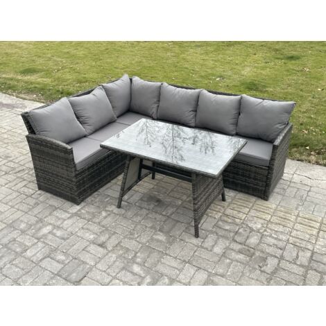 Fimous Outdoor Gartenmöbel-Set Ecksofa Set mit Länglicher Esstisch 6 Sitzer Dunkelgrau gemischt