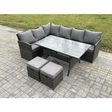 Fimous Outdoor Gartenmöbel-Set Ecksofa Set mit Rechteckiger Esstisch 2 kleine Fußhockern Dunkelgrau gemischt