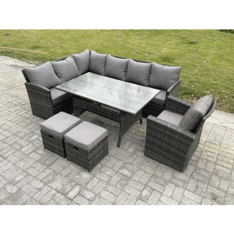 Fimous Outdoor Gartenmöbel-Set Ecksofa Set mit Rechteckiger Esstisch 2 kleine Fußhockern Sesseln Dunkelgrau gemischt