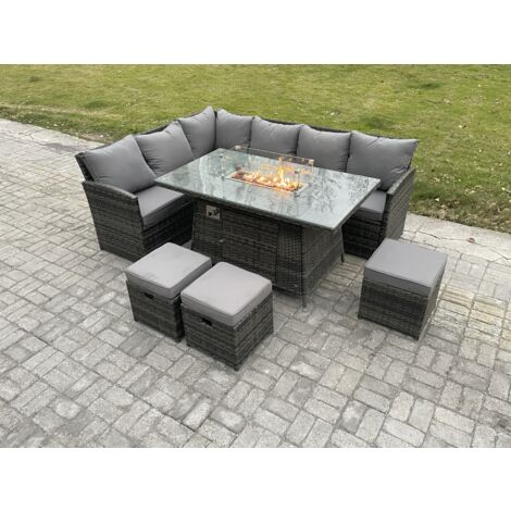 Fimous Outdoor Gartenmöbel-Set Hoher Rücken Ecksofa Gas Feuertisch Sets mit 3 Kleine Hockern 9 Sitzer Dunkelgrau gemischt