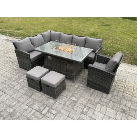 Fimous Outdoor Gartenmöbel-Set Hoher Rücken Ecksofa Gas Feuertisch Sets mit Sesseln 2 kleine Fußhockern 9 Sitzer Dunkelgrau gemischt