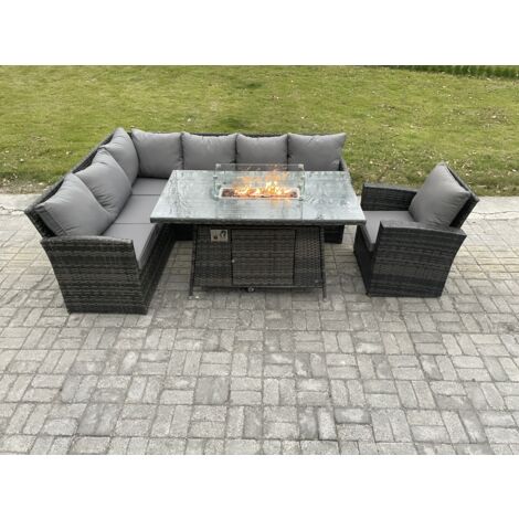 Fimous Outdoor Gartenmöbel-Set Hoher Rücken Ecksofa Gas Feuertisch Sets mit Sesseln 7 Sitzer Dunkelgrau gemischt