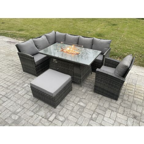 Fimous Outdoor Gartenmöbel-Set Hoher Rücken Ecksofa Gas Feuertisch Sets mit Sesseln Großer Fußhocker 8 Sitzer Dunkelgrau gemischt
