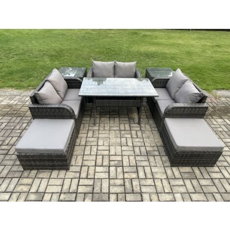 Fimous Outdoor Gartenmöbel-Set Lounge Sofa Set mit Langer rechteckiger Esstisch 2 Großer Hockern 2 Beistelltischen