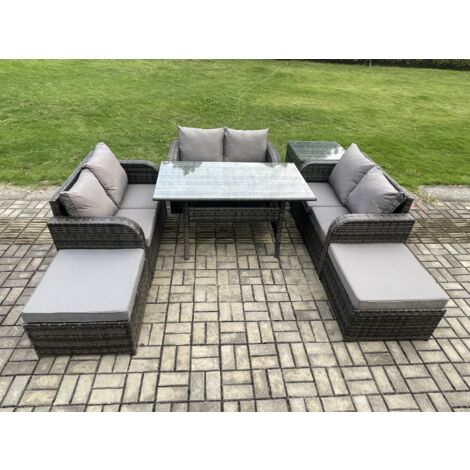 Fimous Outdoor Gartenmöbel-Set Lounge Sofa Set mit Langer rechteckiger Esstisch 2 Großer Hockern Beistelltisch