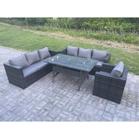 Fimous Outdoor Gartenmöbel Set Rattan Rechteckiger Esstisch Terrassen Sessel 7 Sitzer Dunkelgrau gemischt