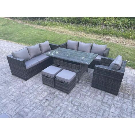 Fimous Outdoor Gartenmöbel Set Rattan Rechteckiger Esstisch Terrassen Sessel mit 2 Kleiner Hocker 9 Sitzer Dunkelgrau gemischt