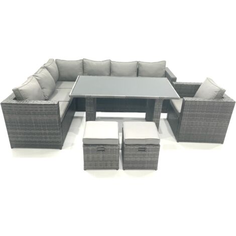 Fimous Outdoor Lounge Rattan Corner Sofa Set Garden Furniture Rectangular Dining Table Chair 8 Seater