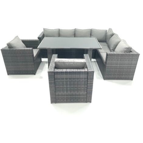 Fimous Outdoor Lounge Rattan Corner Sofa Set Garden Furniture Rectangular Dining Table Chair Dark Grey