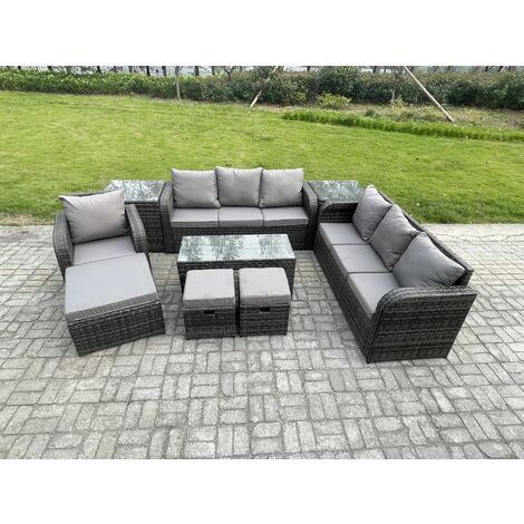 Fimous Outdoor Lounge Sofa Set 10 Seater Rattan Garden Furniture Set with Rectangular Coffee Table 3 Footstools 3 Seater Sofa 2 Side Tables Dark Grey Mixed