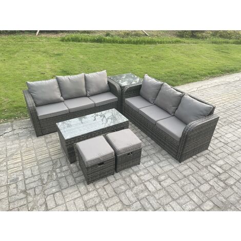 Fimous Outdoor Lounge Sofa Set Rattan Garden Furniture Set with Rectangular Coffee Table 2 Small Footstools 3 Seater Sofa Side Table Dark Grey Mixed