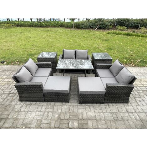 Fimous Outdoor Lounge Sofa Set Wicker PE Rattan Garden Furniture Set with Rectangular Dining Table 2 Seat Sofa 2 Big Footstool 2 Side Tables Dark Grey Mixed