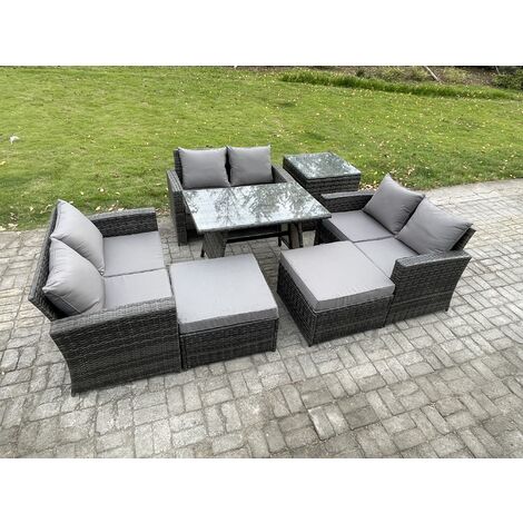 Fimous Outdoor Lounge Sofa Set Wicker PE Rattan Garden Furniture Set with Rectangular Dining Table 2 Seat Sofa 2 Big Footstool Side Table Dark Grey Mixed