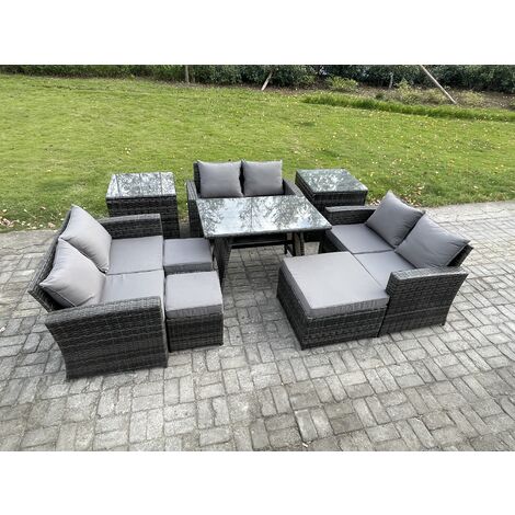 Fimous Outdoor Lounge Sofa Set Wicker PE Rattan Garden Furniture Set with Rectangular Dining Table 2 Seat Sofa 3 Footstools 2 Side Tables Dark Grey Mixed