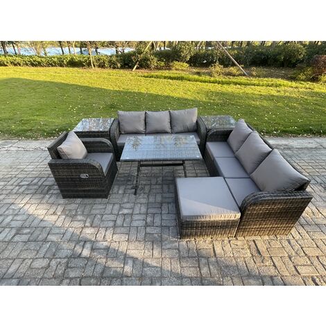 Fimous Outdoor Lounge Sofa Set Wicker PE Rattan Garden Furniture Set with Rectangular Dining Table Reclining Chair 2 Side Tables Big Footstool Dark Grey Mixed
