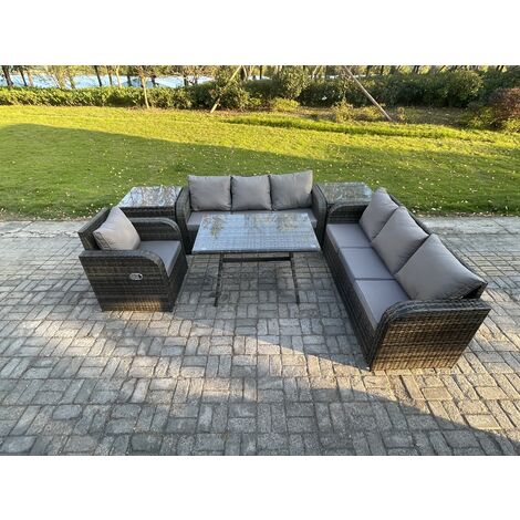 Fimous Outdoor Lounge Sofa Set Wicker PE Rattan Garden Furniture Set with Rectangular Dining Table Reclining Chair 2 Side Tables Dark Grey Mixed