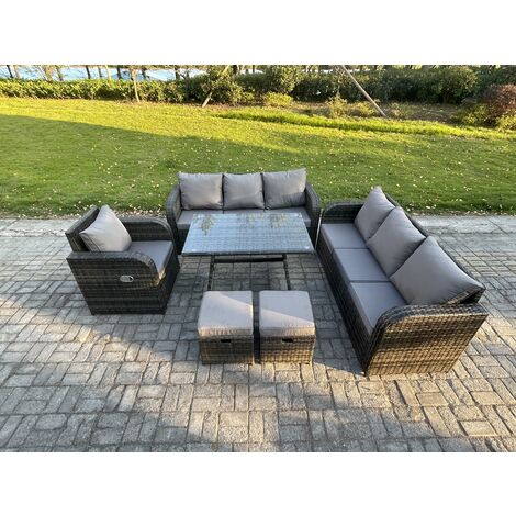 Fimous Outdoor Lounge Sofa Set Wicker PE Rattan Garden Furniture Set with Rectangular Dining Table Reclining Chair 2 Small Footstools Dark Grey Mixed