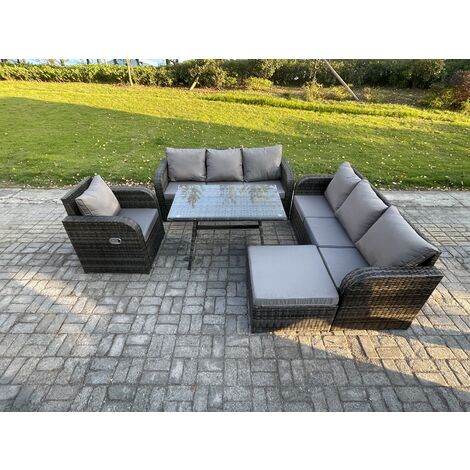 Fimous Outdoor Lounge Sofa Set Wicker PE Rattan Garden Furniture Set with Rectangular Dining Table Reclining Chair Big Footstool Dark Grey Mixed