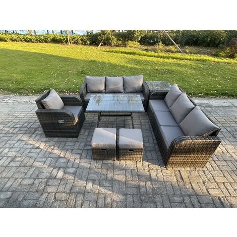 Fimous Outdoor Lounge Sofa Set Wicker PE Rattan Garden Furniture Set with Rectangular Dining Table Reclining Chair Side Table 2 Small Footstools Dark Grey Mixed