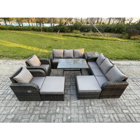 Fimous Outdoor Lounge Sofa Set Wicker PE Rattan Garden Furniture Set with Rectangular Dining Table Side Table 2 Big Footstool Dark Grey Mixed
