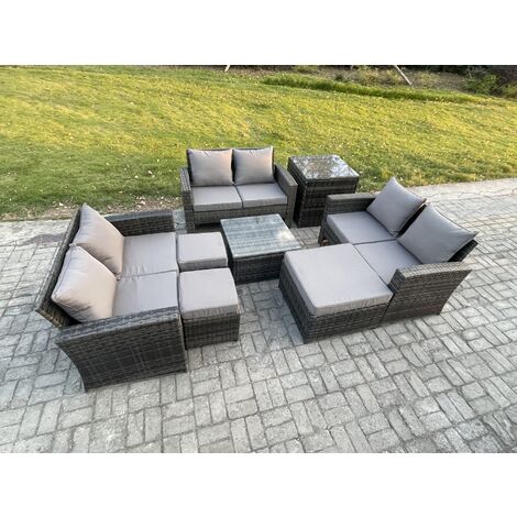 Fimous Outdoor Lounge Sofa Set Wicker PE Rattan Garden Furniture Set with Square Coffee Table Double Seat Sofa 3 Footstools Side Table Dark Grey Mixed