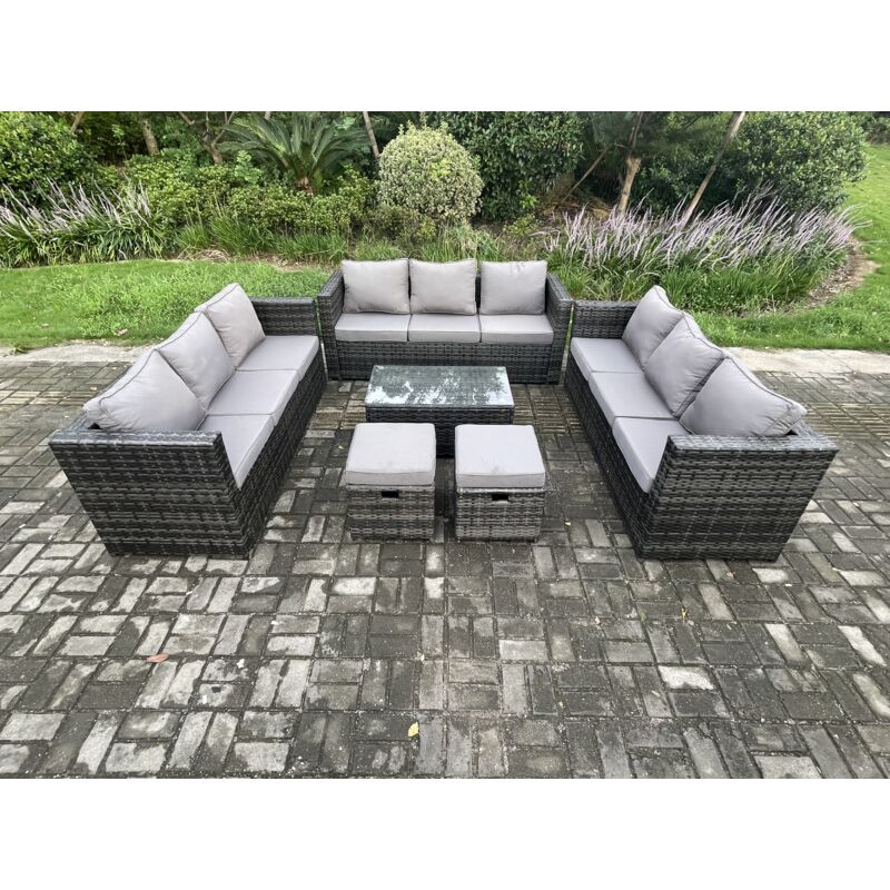 Ensemble de meubles de jardin en rotin avec Table basse 2 Petits poufs Mélange gris foncé - Fimous