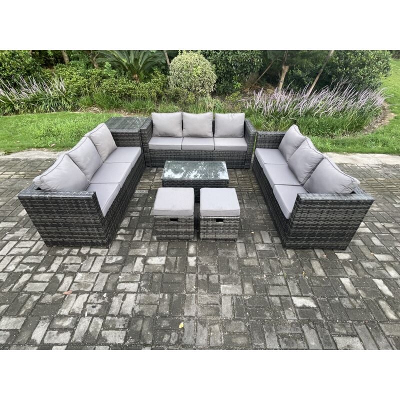 Ensemble de meubles de jardin en rotin avec Table basse Tables d'appoint 2 Petits poufs Mélange gris foncé - Fimous
