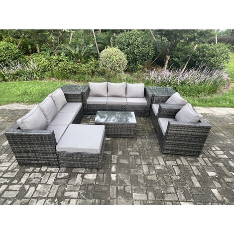 Fimous Outdoor Lounge Sofa Set Wicker PE Rattan Gartenmöbel Set mit 2 Sesseln Oblong Couchtisch 2 Beistelltische Big Foothocker Dunkelgrau Gemischt