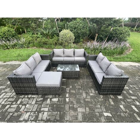 Fimous Outdoor Lounge Sofa Set Wicker PE Rattan Gartenmöbel Set mit Länglichem Couchtisch Großer Fußhocker Dunkelgrau Gemischt