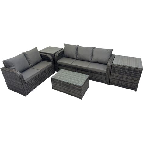 Fimous Outdoor Love Sofa 3 Seater Sofa Coffee Table Set Garden Rattan Furniture Set 5 Seater with 2 Side Tables Dark Grey