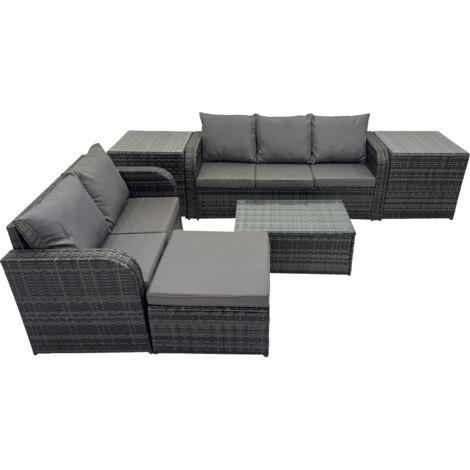 Fimous Outdoor Love Sofa 3 Seater Sofa Coffee Table Set Garden Rattan Furniture Set 6 Seater with 2 Side Tables Big Stool Dark Grey