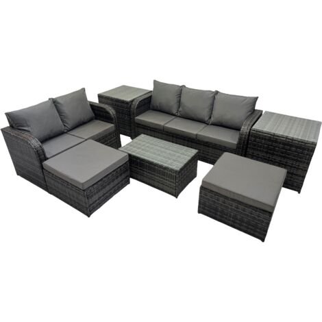 Fimous Outdoor Love Sofa 3 Seater Sofa Coffee Table Set Garden Rattan Furniture Set 7 Seater with 2 Side Tables 2 Big Stool Dark Grey