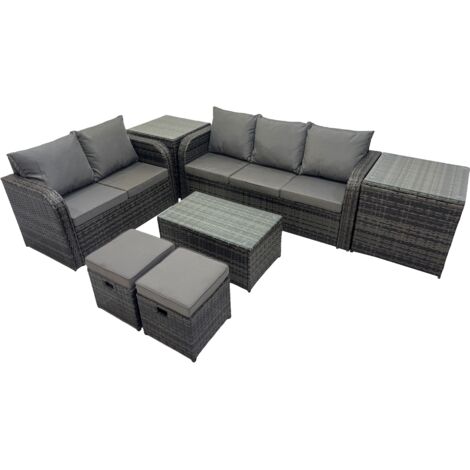Fimous Outdoor Love Sofa 3 Seater Sofa Coffee Table Set Garden Rattan Furniture Set 7 Seater with 2 Small Stools 2 Side Tables Dark Grey