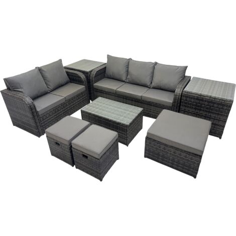 Fimous Outdoor Love Sofa 3 Seater Sofa Coffee Table Set Garden Rattan Furniture Set 8 Seater with 2 Side Tables 3 Stools Dark Grey