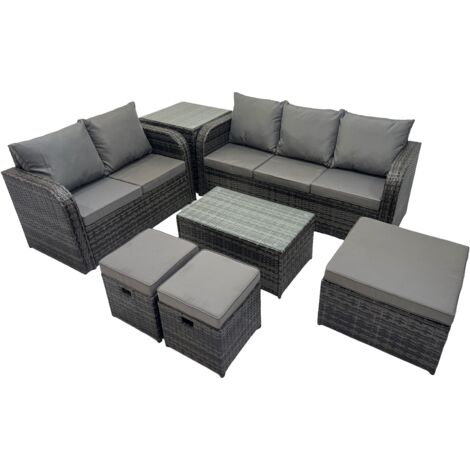 Fimous Outdoor Love Sofa 3 Seater Sofa Coffee Table Set Garden Rattan Furniture Set 8 Seater with Side Table 3 Stools Dark Grey