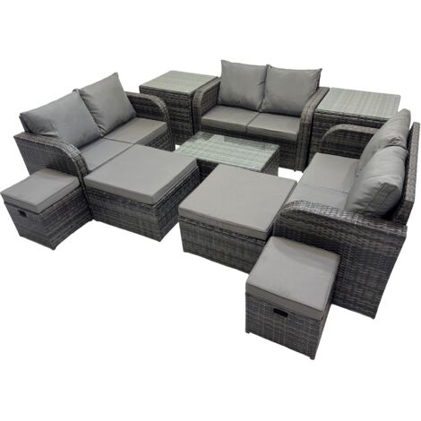 Fimous Outdoor Love Sofa Coffee Table Set Garden Rattan Furniture Set 10 Seater with 4 Stools 2 Side Tables Dark Grey