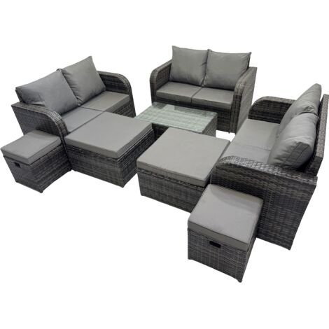 Fimous Outdoor Love Sofa Coffee Table Set Garden Rattan Furniture Set 10 Seater with 4 Stools Dark Grey