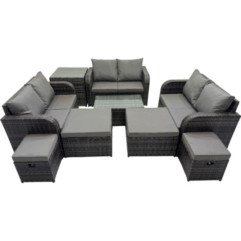 Fimous Outdoor Love Sofa Coffee Table Set Garden Rattan Furniture Set 10 Seater with 4 Stools Side Table Dark Grey