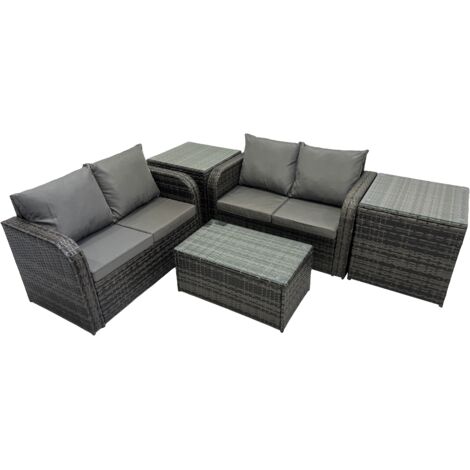 Fimous Outdoor Love Sofa Coffee Table Set Garden Rattan Furniture Set 4 Seater with 2 Side Tables Dark Grey