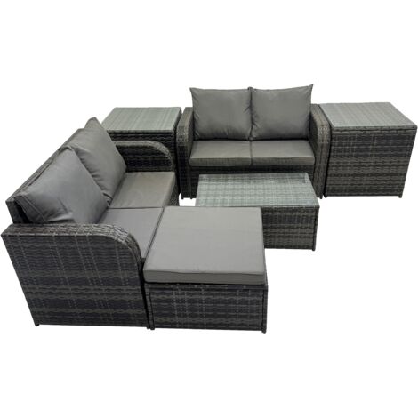 Fimous Outdoor Love Sofa Coffee Table Set Garden Rattan Furniture Set 5 Seater with 2 Side Tables Big Stool Dark Grey