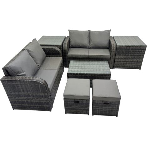 Fimous Outdoor Love Sofa Coffee Table Set Garden Rattan Furniture Set 6 Seater with 2 Small Stools 2 Side Tables Dark Grey