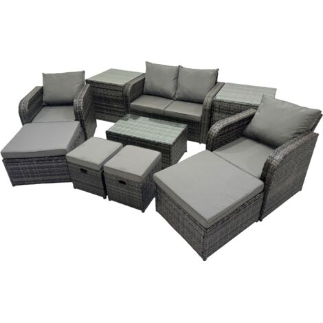 Fimous Outdoor Love Sofa Reclining Chair Coffee Table Set Garden Rattan Furniture Set 8 Seater with 4 Stools 2 Side Tables Dark Grey