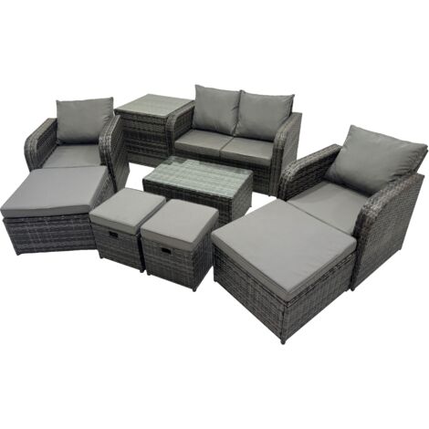 Fimous Outdoor Love Sofa Reclining Chair Coffee Table Set Garden Rattan Furniture Set 8 Seater with 4 Stools Side Table Dark Grey
